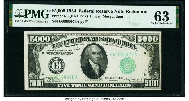 20093: Fr. 2221-E $5,000 1934 Federal Reserve Note. PMG
