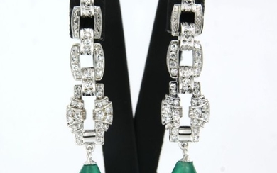 950 Pt, 18k witgouden stekers Platinum, White gold - Earrings - 1.40 ct Diamond - green onyx