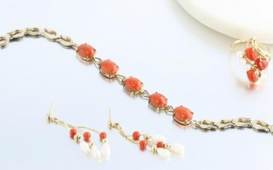 (3) Pc Coral Jewelry Set, Bracelet, Ring and Earrings