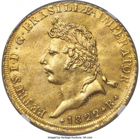 30093: Pedro I gold 6400 Reis 1822-R AU Details (Repair