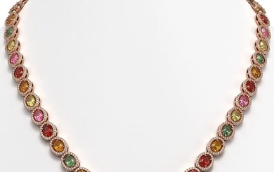 31.96 ctw Multi Color Sapphire & Diamond Micro Pave Necklace 10k Rose Gold
