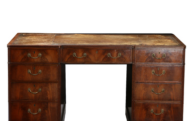 3386493. A GEORGE III STYLE MAHOGANY DESK OF BREAKFRONT FORM.