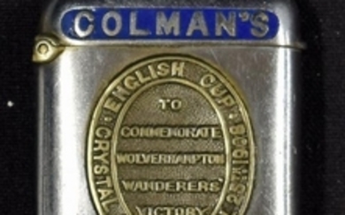1908 COLMAN S MUSTARD COMMEMORATIVE ORNATE VESTA CASE METALLIC SILVER WITH RAISED LETTERING TO READ TO COMMEMORATE WOLVERHAMPTON WANDERERS VICTORY AND