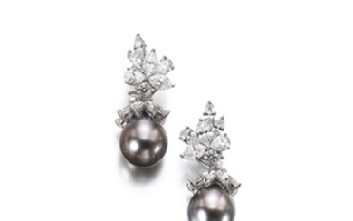 Pair of cultured pearl and diamond earrings, Tiffany & Co.