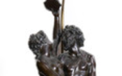 After Claude Michel Clodion Monumental Classical style patinated bronze table lamp, "Bacanal" depicting Bacchus w...