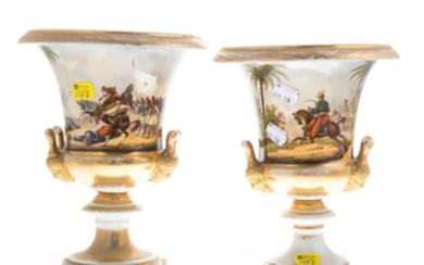 Pr. of Porcelain de Paris painted parcel-gilt urns