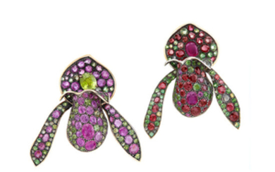 Pair of Gold, Silver, Ruby and Multicolored Sapphire Orchid Clips