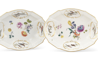A PAIR OF MEISSEN PORCELAIN DULONG PATTERN ORNITHOLOGICAL DEEP OVAL DISHES, CIRCA 1745, BLUE CROSSED SWORDS MARKS AND PRESSNUMMER 54 TO ONE