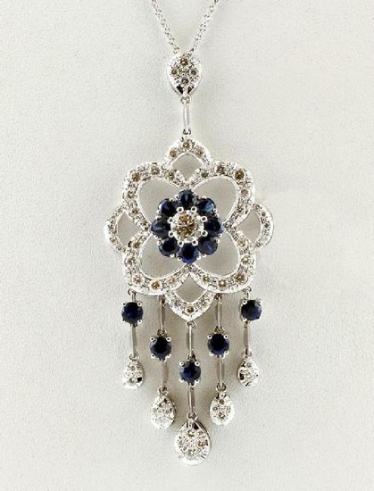 Diamonds, Blue Sapphires, 14k White gold Pendant