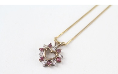 9ct gold ruby & diamond heart-shaped cluster pendant necklac...