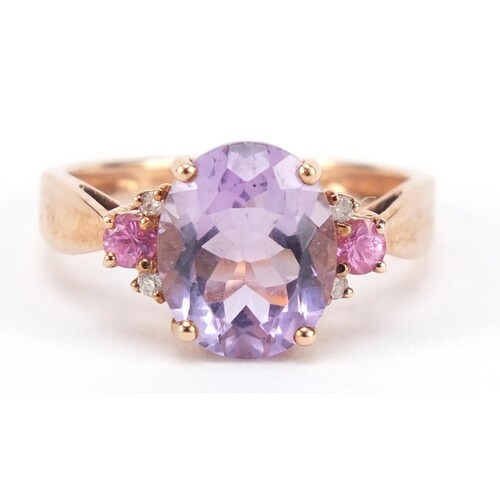 9ct rose gold amethyst, ruby and diamond ring, size Q, 3.5g