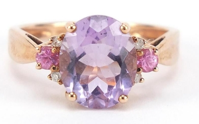 9ct rose gold amethyst, ruby and diamond ring, size Q