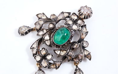 A 19th century gold and silver brooch/pendant, Cabouchon cut Emerald, and rose cut diamonds with foiled back.