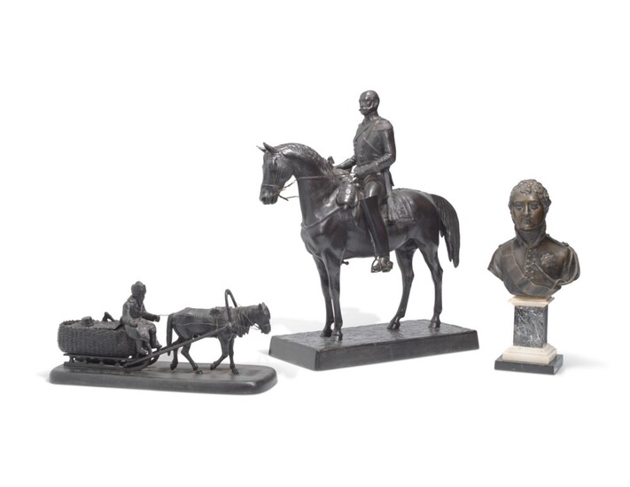 A CAST-IRON MODEL OF NICHOLAS I, A CAST-IRON MODEL OF A HORSEDRAWN SLED, A BRONZE BUST OF ALEXANDER I, THE CAST-IRON MODELS, BY THE KASLI FACTORY, LATE 19TH / EARLY 20TH CENTURY; THE BRONZE BUST, RUSSIA, 19TH CENTURY