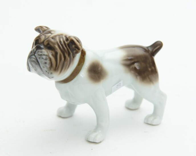 A CONTINENTAL PORCELAIN FIGURE OF A BULLDOG, H.9CM, LEONARD JOEL LOCAL DELIVERY SIZE: SMALL