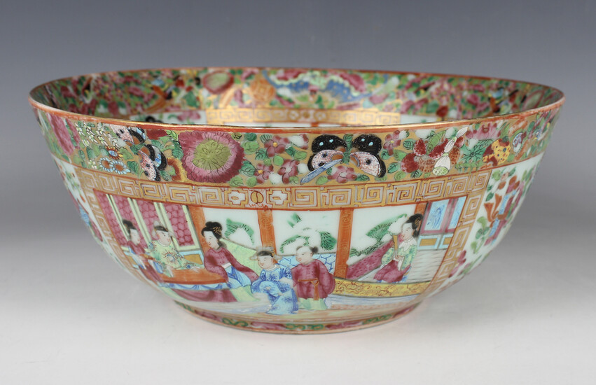 A Chinese Canton famille rose porcelain circular punch bowl, mid-19th century, typically painted wit
