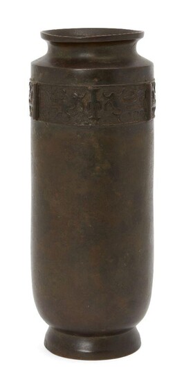 A Chinese bronze cylindrical footed vase, 18th century, of cylindrical...