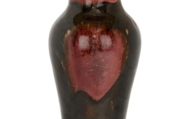 A Chinese flambé-glazed vase, 19th century, of tapered form with splayed foot rising to rounded shoulders and trumpet neck, covered in lustrous dark brown glaze, with peach bloom glaze applied to the neck and moulded peach-shaped panels, wood...