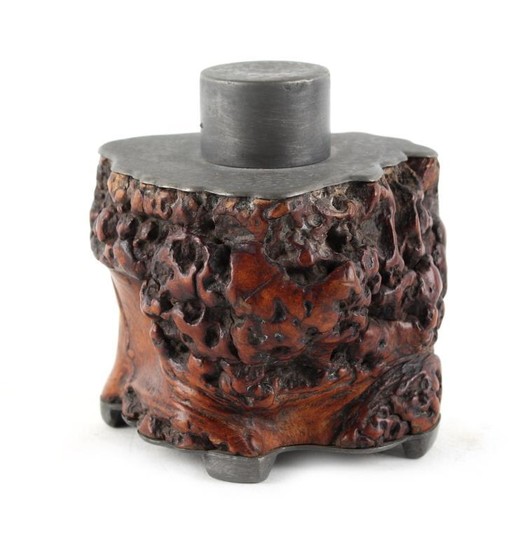 A Chinese pewter mounted carved rootwood tea cannister, late...