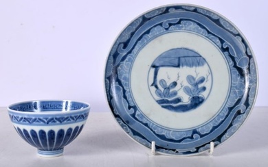 A Chinese porcelain blue and white Tea bowl together with a plate 18cm (2).
