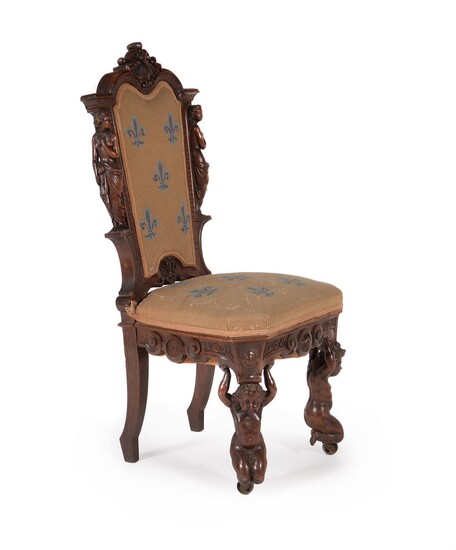 A Continental carved walnut and upholstered side chair
