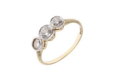 A DIAMOND THREE STONE RING. mounted with three collet set ol...