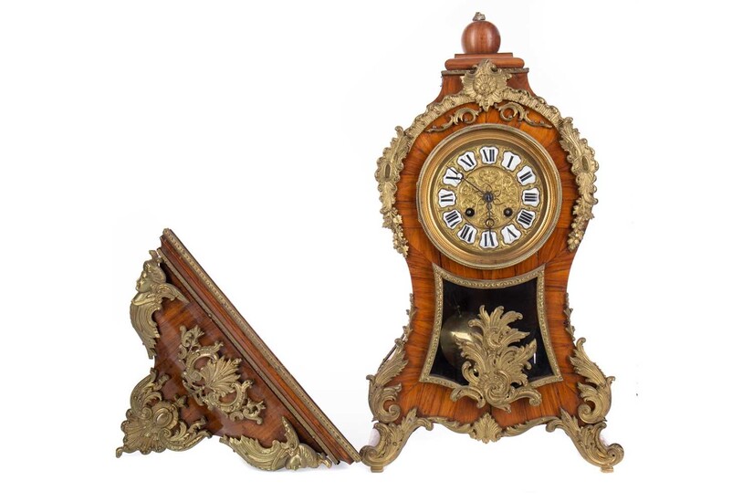 A FRENCH KINGWOOD BRACKET CLOCK OF ROCOCO DESIGN AND WALL BRACKET