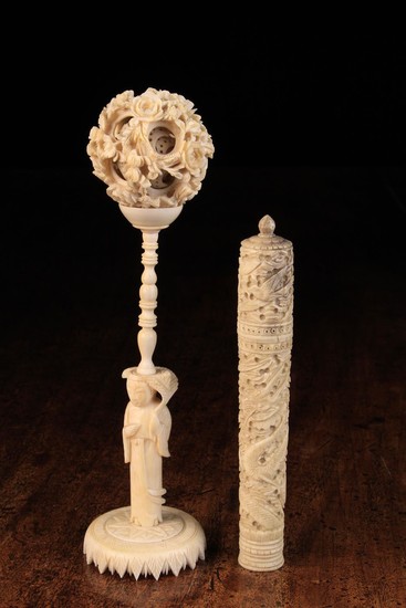 A Fine 19th Century Chinese Carved Ivory Needle Case and a Puzzle Ball (A/F) on Stand. The needle-ca