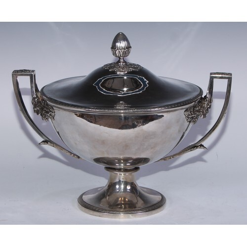 A French silver pedestal soup tureen and cover, bud finial, ...