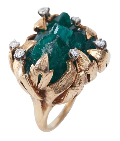A GILSON EMERALD AND DIAMOND COCKTAIL RING-The hand crafted freeform design, featuring a central cluster of Gilson emerald crystals,...