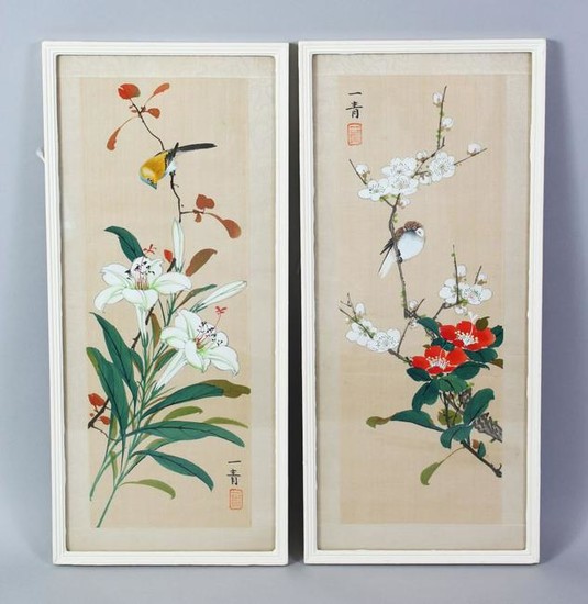 A GOOD PAIR OF CHINESE SCHOOL PAINTINGS ON SILK, a bird