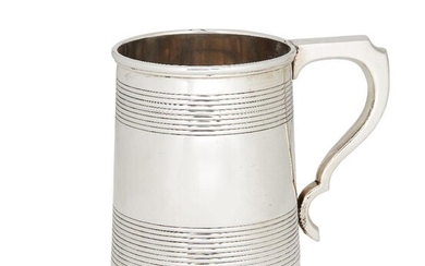 WITHDRAWN A George V silver tankard, London, c.1928, Edward Barnard & Sons, of tapering cylindrical form with reeded banding to body, the angular scrolling handle designed with thumb groove, 11.5cm high, approx. weight 11.7oz