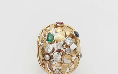 A German 18k gold diamond pearl and gemstone domed ring.