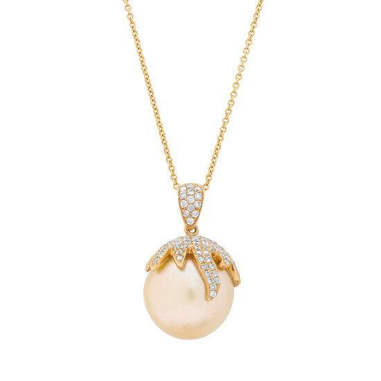 A Golden Cultured Pearl, Diamond and Gold Pendant Necklace