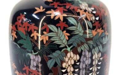 A JAPANESE MEIJI PERIOD CLOISONNE AND SILVER WIRE GOLDEN AGE WISTERIA VASE