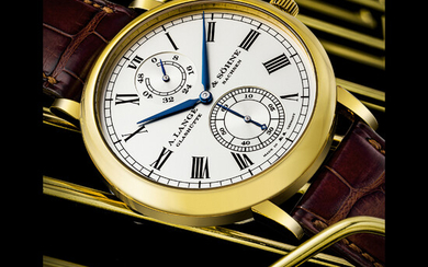A. LANGE & SÖHNE. A VERY RARE 18K GOLD LIMITED EDITION AUTOMATIC WRISTWATCH WITH POWER RESERVE AND ZERO-RESET FEATURE, MADE TO COMMEMORATE THE 100TH ANNIVERSARY OF THE WEMPE CHRONOMETRE MANUFACTORY GRAND LANGEMATIK GANGRESERVE, REF. 304.048, CIRCA 2005