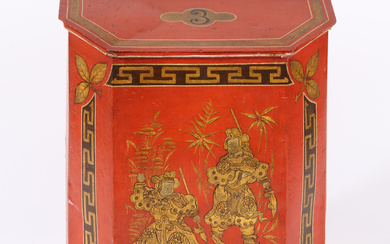 A LARGE 19TH CENTURY SHOP KEEPERS RED TOLEWARE TEA TIN.