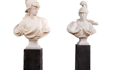 A LARGE AND IMPRESSIVE PAIR OF MARBLE BUSTS OF MARS AND MINERVA, NORTHERN EUROPE