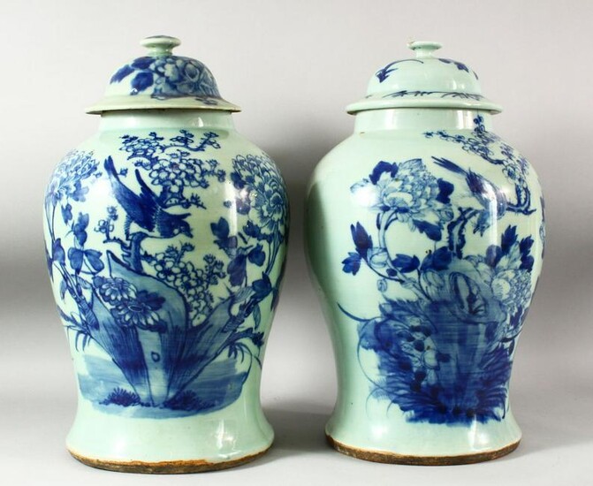 A LARGE PAIR OF CHINESE CELADON GLAZED POTTERY JARS AND