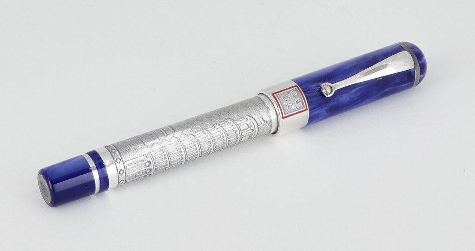 A Montegrappa 'La Torre di Pisa' limited edition rollerball pen, numbered 002 of 600 and stamped 925, the barrel designed with scene in relief of leaning tower of Pisa to pearlescent blue resin cap and terminal, no box or papers