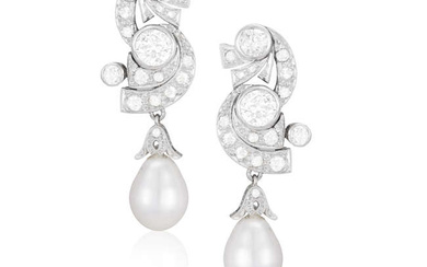 A PAIR OF DIAMOND AND CULTURED PEARL EARRINGS, each stylised openwork mount...