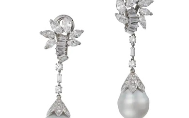 A PAIR OF DIAMOND AND PEARL DROP EARRINGS in 18ct ...