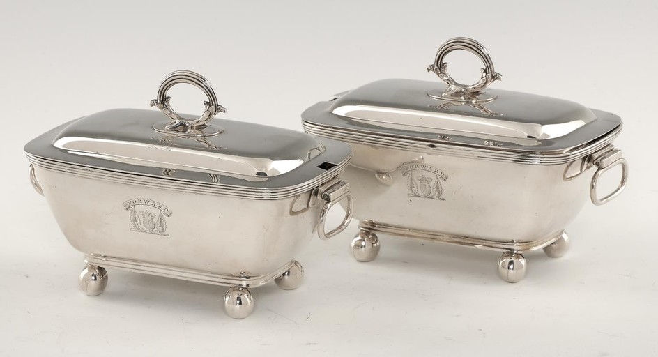 A PAIR OF GEORGE III OBLONG SILVER SAUCE TUREENS AND COVERS ...