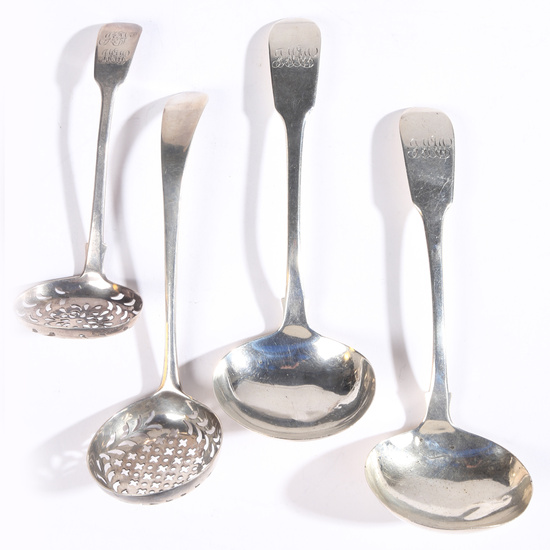 A PAIR OF GEORGE III SILVER LADLES, TWO SILVER SIFTER SPOONS (4).