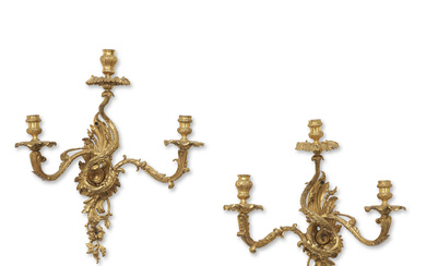 A PAIR OF REGENCE ORMOLU THREE-BRANCH WALL-LIGHTS ATTRIBUTED TO ANDRE-CHARLE...