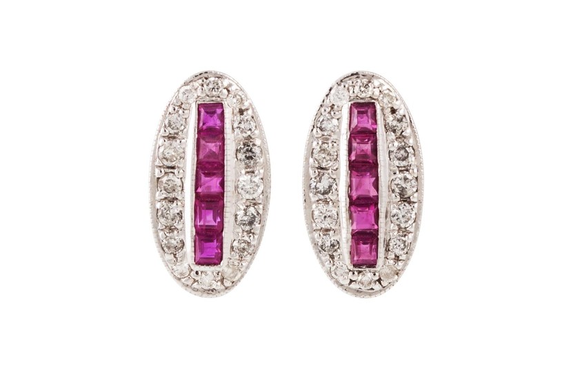 A PAIR OF RUBY AND DIAMOND CLUSTER EARRINGS, of oval form, t...
