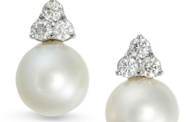 A PAIR OF SOUTH SEA PEARL AND DIAMOND EARRINGS in 18ct white gold, each set with a trio of round