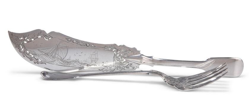 A PAIR OF VICTORIAN SILVER FISH SERVERS, by Francis