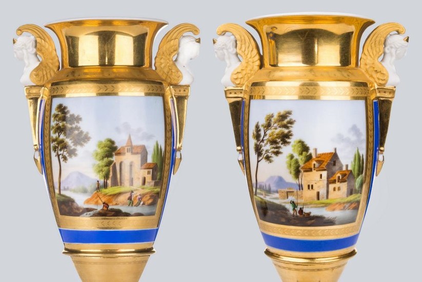 A Pair of Empire Paris Porcelain Vases Decorated with Landscapes.