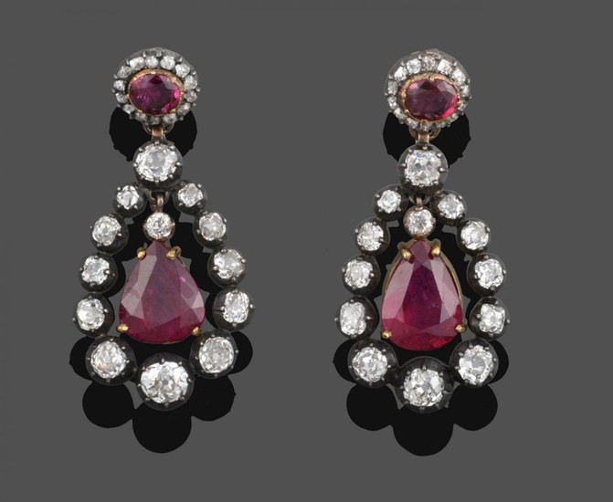 A Pair of Georgian Ruby and Diamond Drop Earrings, a...